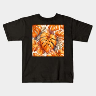 Orange Monstera Tropical Leaves Kids T-Shirt